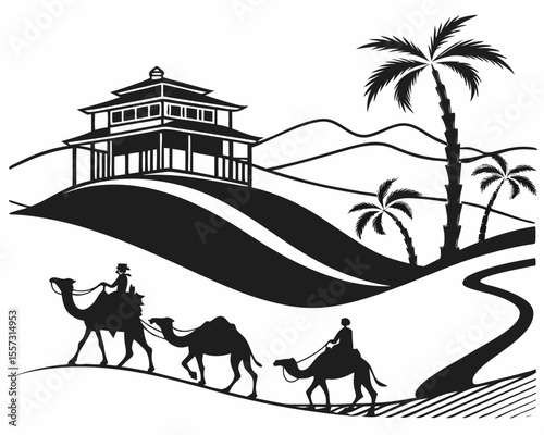 Desert caravan scene silhouettes with camels and palm trees artistic vector illustration