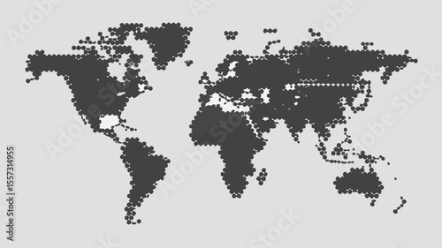 Dotted World Map Illustration Grey Background with Dark Grey Continent Representation and Geographic Detail