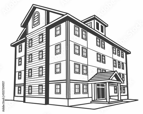 Detailed black and white illustration of a modern apartment building design