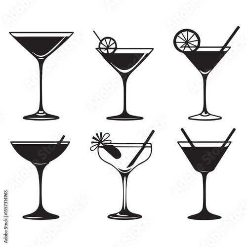 Collection of six black silhouette cocktail glasses with various garnishes including lemon slices and straws on a white background
