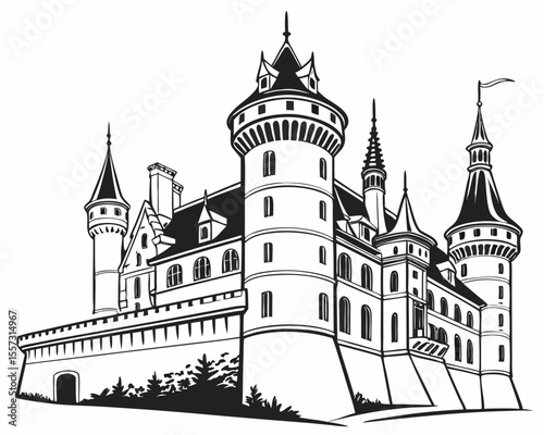 Detailed vector illustration of a majestic castle with towers and flags on white background