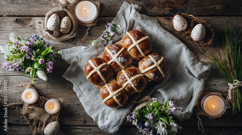 A Rustic Easter Feast: Hot Cross Buns Adorned with Flowers and Candles on a Farmhouse Table