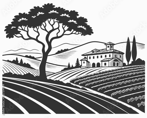 Elegant black and white vineyard illustration with farmhouse and rural landscape