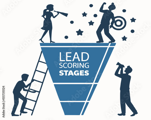 Lead scoring stages concept depicted through silhouettes and a visual funnel