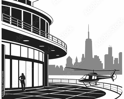 Modern building with helicopter and skyline silhouettes on a transparent background