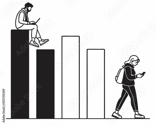 People interacting with technology depicted by graph bars monochrome illustration