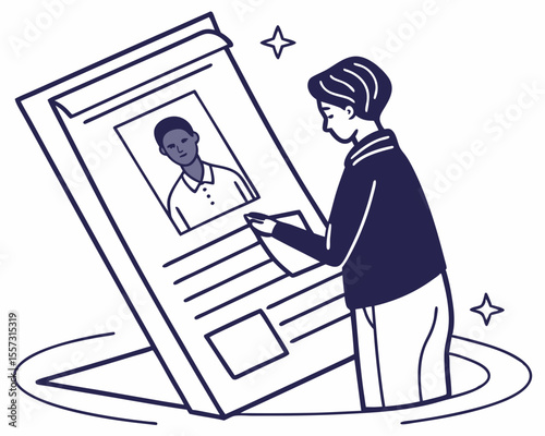 Person reviewing a document with a photo illustrated on white background