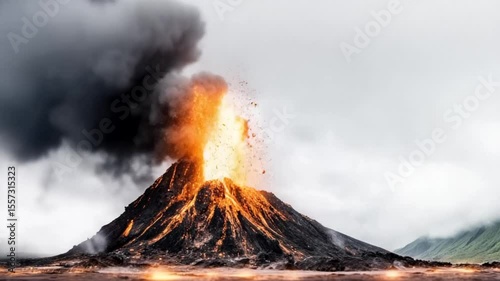 A dramatic volcano eruption spews lava and ash into the sky, showcasing natural disaster, geology phenomena, and volcanic activity pyroclastic flow tectonic shift