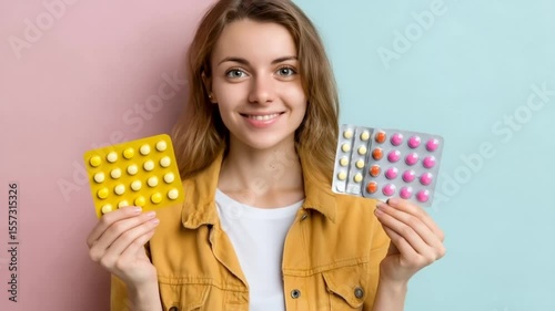 Young Caucasian woman holding colorful blister packs of pills against a pastel background concepts of healthcare, medication, and self-care pharmacology wellness