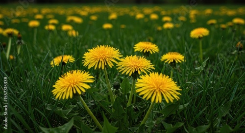 Vibrant yellow dandelions pop against a backdrop of a grassy field