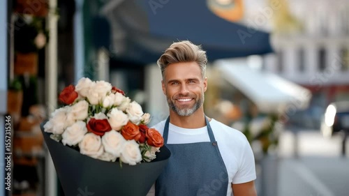 Caucasian male florist in his 30s presents a vibrant bouquet of roses, embodying romance and celebration urban backdrop flower arrangement retail setting