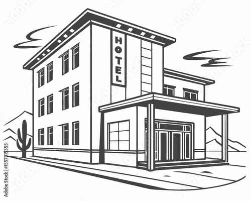 Retro hotel illustration featuring desert landscape and isolated transparent design