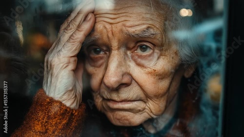 Elderly Caucasian male gazes thoughtfully through window, evoking themes of aging, reflection, and nostalgia emotional resonance introspective mood