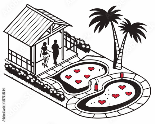 Romantic poolside scene illustration with couples heart shapes and palm trees on white background