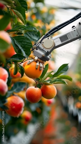 A robotic arm harvests ripe persimmons in a greenhouse, highlighting precision agriculture, advanced technology, and sustainable farming practices