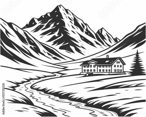 Tranquil mountain landscape illustration featuring a cabin and a flowing stream in vector format