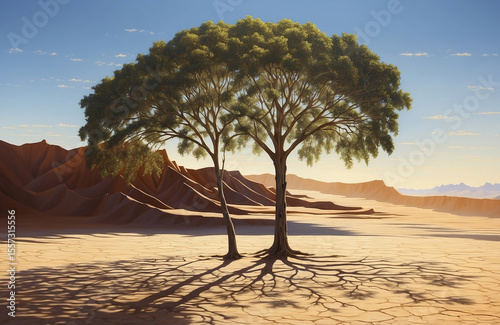 Lone Desert Tree Stretching a Long Shadow Across the Sand