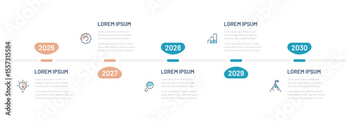 A timeline with dates. Infographics for a presentation or website. The company's development path, achieving goals over time. Five-step scale