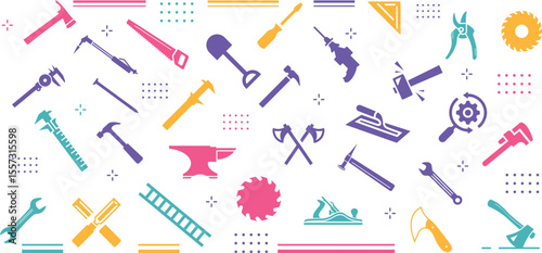 Big Set of Working Tools Icon (Flat Silhouette Version)