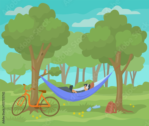 Summer landscape with a man in a hammock under trees, working on a laptop near a bike. Peaceful scene for vacation, leisure, travel, or digital nomad themes. Flat vector.
