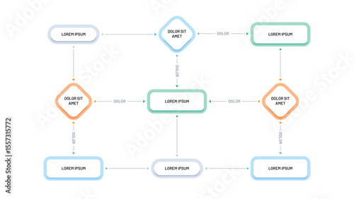 A nine-step flowchart with path development options. Technological diagram for presentation, website