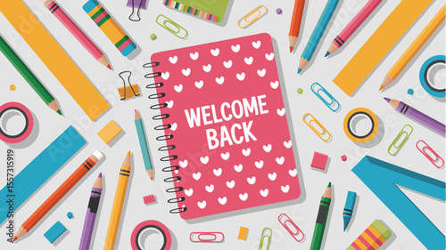 Welcome Back to School Colorful Stationery Flat Lay with Heart Notebook and Pencils