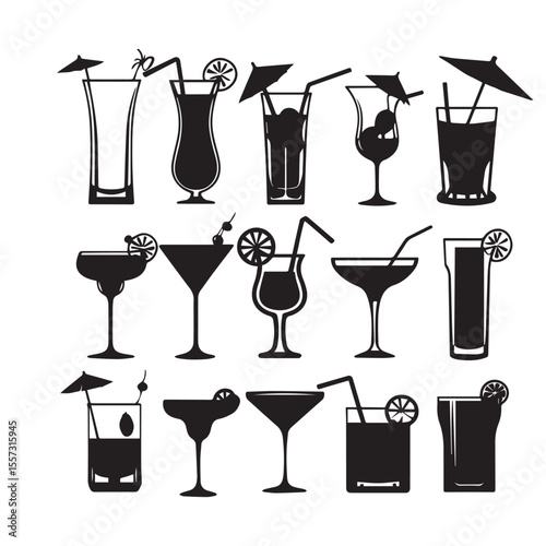 Collection of black silhouette cocktail glasses with straws and garnishes on a white background