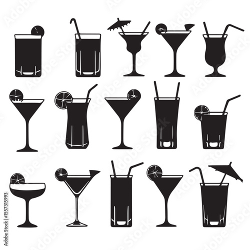 Collection of black silhouette cocktail glasses with garnishes and straws on white background