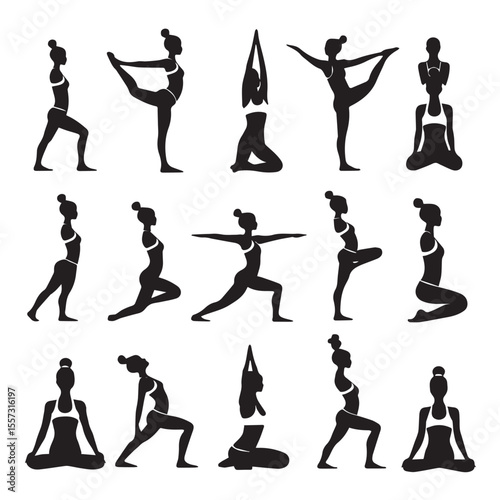 Collection of diverse yoga poses and silhouettes of women practicing various asanas for wellness and flexibility