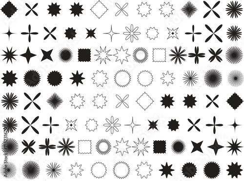 Brutalist abstract geometric shapes and grids. Brutal contemporary figure star oval spiral flower and other primitive elements.