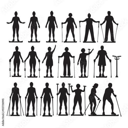 Collection of diverse silhouettes of people engaged in nordic walking and skiing activities