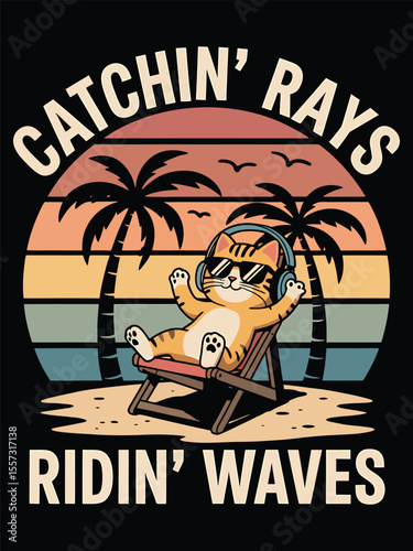 Catchin' Rays, Ridin' Waves A Cool Cat's Beach Day Illustration