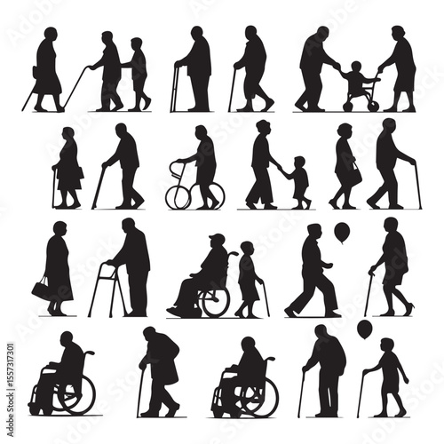 Collection of silhouette figures depicting elderly people and children interacting and using mobility aids