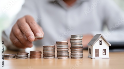 Stack of Coins with a Small House Model on the Table