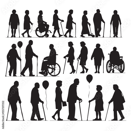 Diverse group of elderly people in silhouette some walking with canes others in wheelchairs and a few with balloons