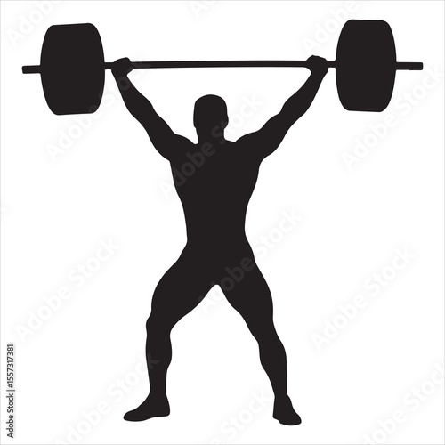 Silhouette of a muscular man lifting a barbell overhead in a weightlifting pose
