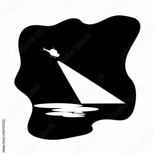 Helicopter shining a bright light over water in a black and white abstract illustration scene