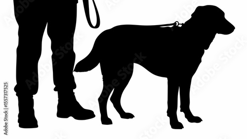 Silhouette of a dog on a leash standing next to a person wearing pants and boots in black and white
