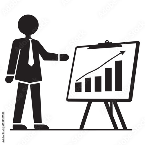 Businessperson in suit and tie presenting a bar graph with an upward trend arrow on a whiteboard easel