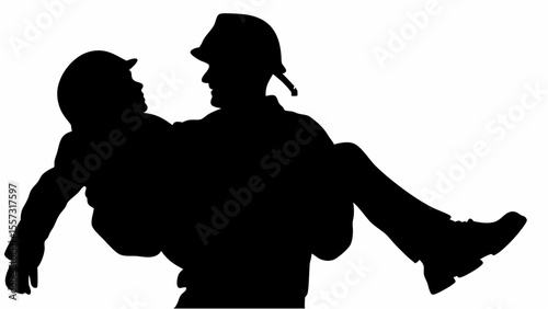 Silhouette of firefighter carrying a person in arms wearing a helmet in black and white image