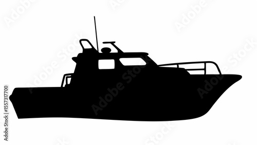 Silhouette of a motorboat with a cabin and antenna on a white background in a side view