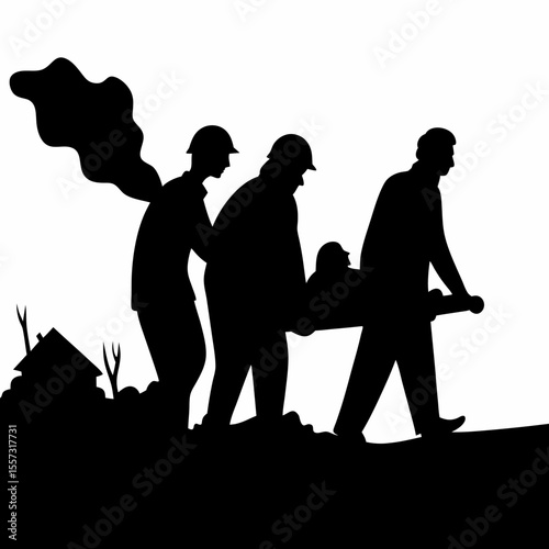 Silhouette of rescue workers carrying a stretcher away from a burning building with smoke rising up high