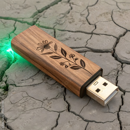 Plantable USB Stick: Sustainable Tech, plantable USB drive, green data storage, sustainable flash stick, cool, visual, concepts, surreal, awe, presentation, elegance, smooth, ethereal, intricacy