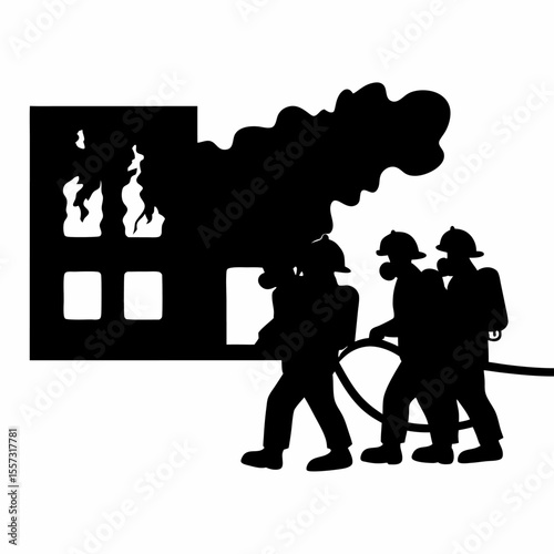 Silhouette of firefighters battling a building fire with smoke billowing out of the windows and the roof