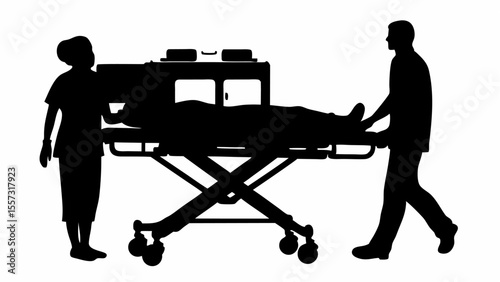 Silhouette of two people transporting a patient on a gurney in a hospital setting in black and white