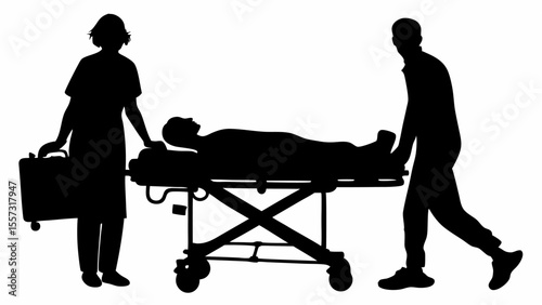 Silhouette of medical team transporting patient on stretcher with first aid kit in emergency situation