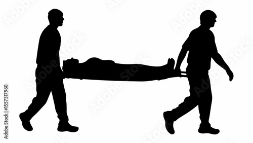 Silhouette of two people carrying a stretcher with a person lying on it in black and white color