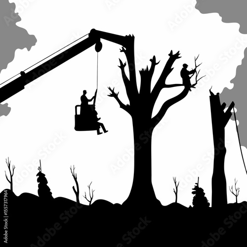 Silhouette of tree trimming operation with crane and workers in a monochrome landscape scene view