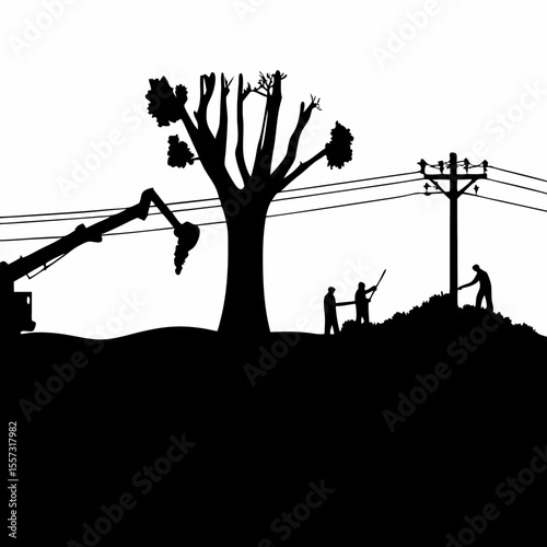 Silhouette of tree trimming operation with crane, workers, and power lines against a white background