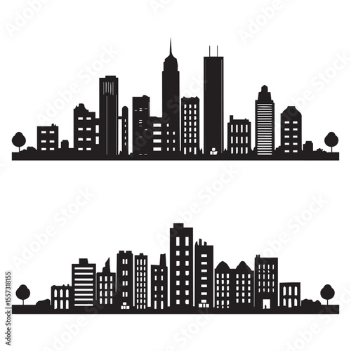Two distinct black silhouette city skylines with trees and varied building heights against a white background
